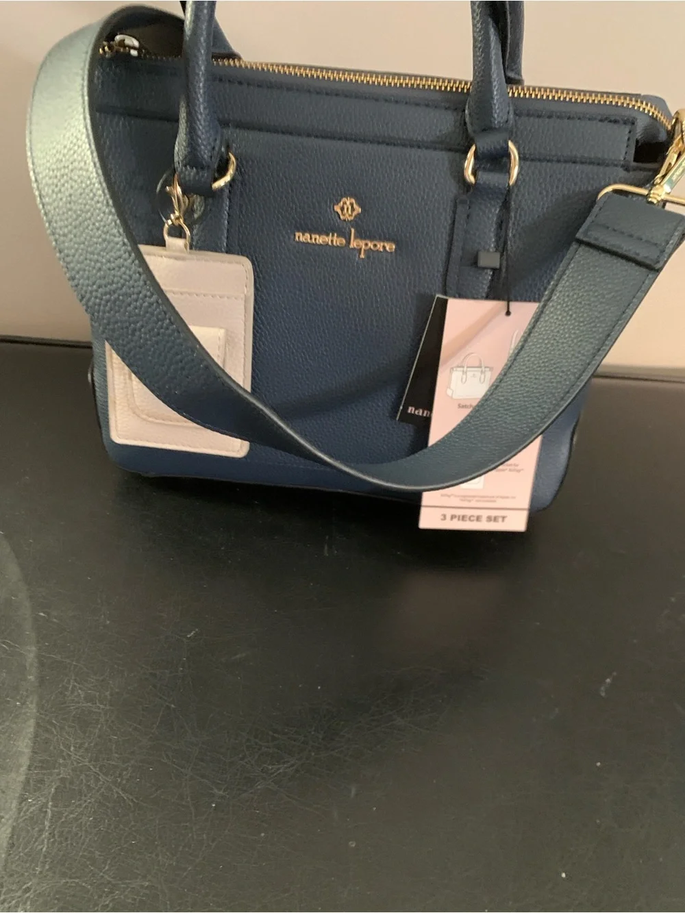 Nanette Lepore Blue Pebbled Leather Satchel with Cream Cardholder